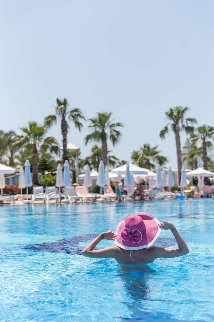 woman, swimming pool, resort, vacation, nature, holiday, leisure, summer