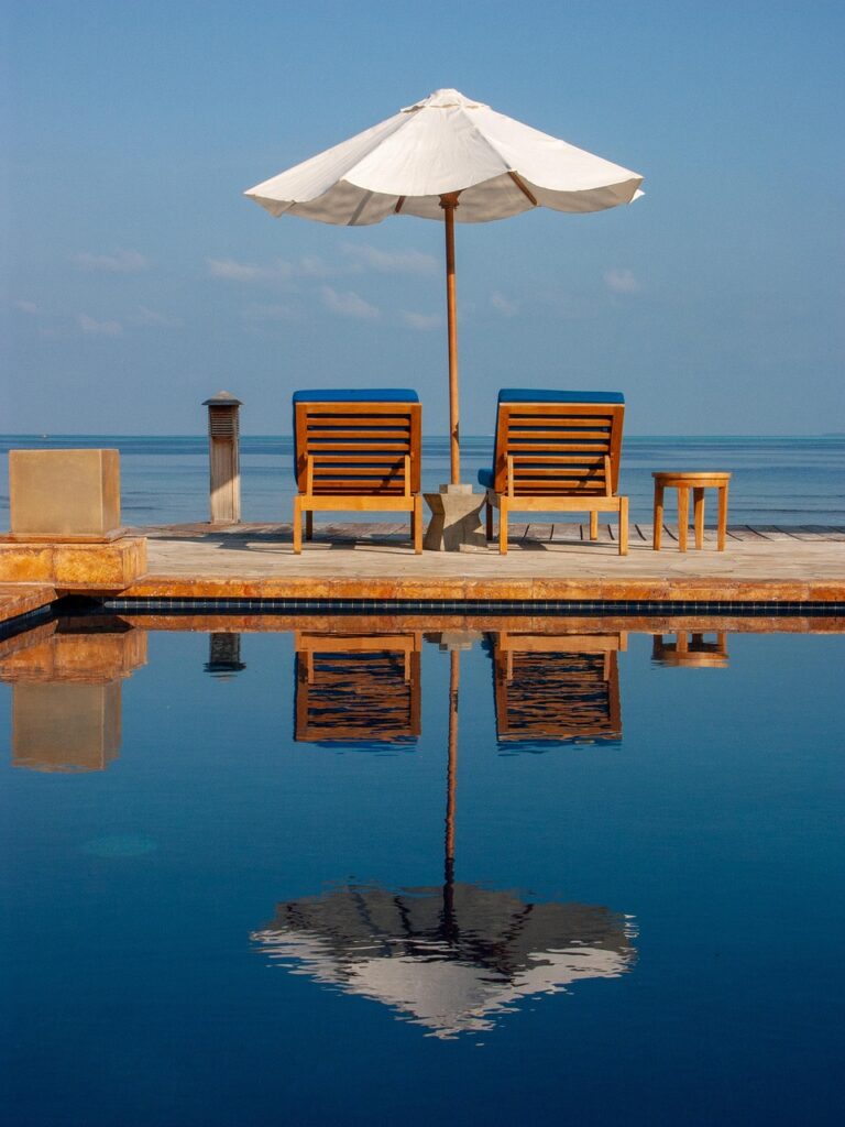 deck chairs, nature, parasol, vacation, ocean, maldives, beach resort