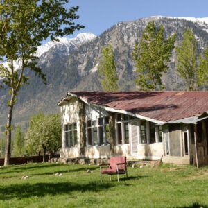 Scenic view of an abandoned bungalow surrounded by lush nature and mountains.